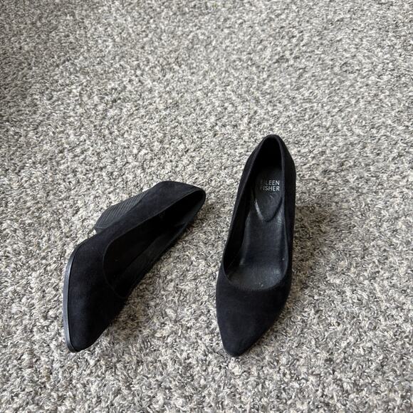 Eileen Fisher Hawk Block Heel Suede Leather Pumps Heels Black Sz 7 Pointed Toe - Picture 9 of 9